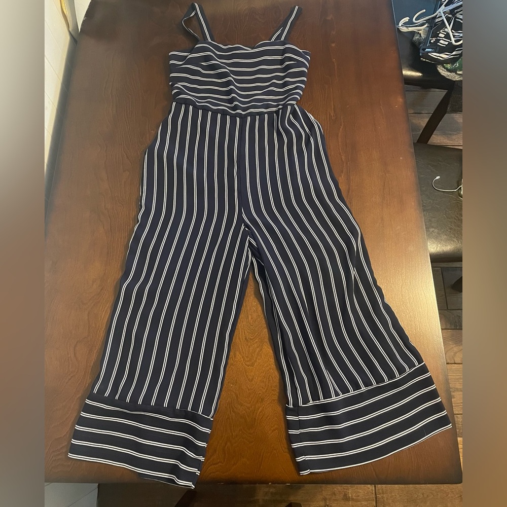 Size large navy blue with white stripe long pants beachy jump suit